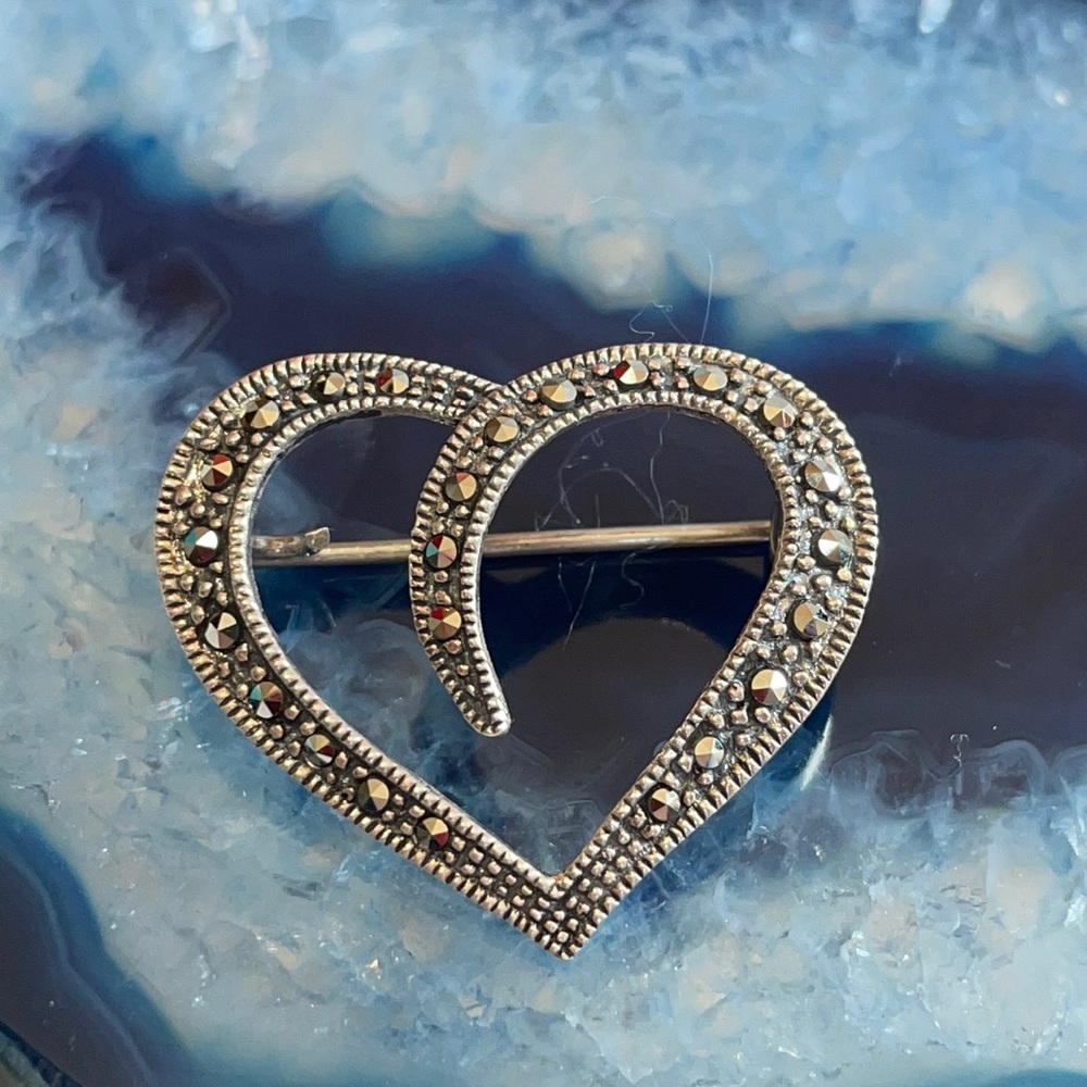 Vintage sterling marcasite heart brooch